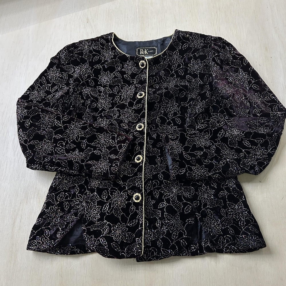 Vintage R&K Evening Jacket Womens 10 Black Velvet Floral Button Front Short USA
